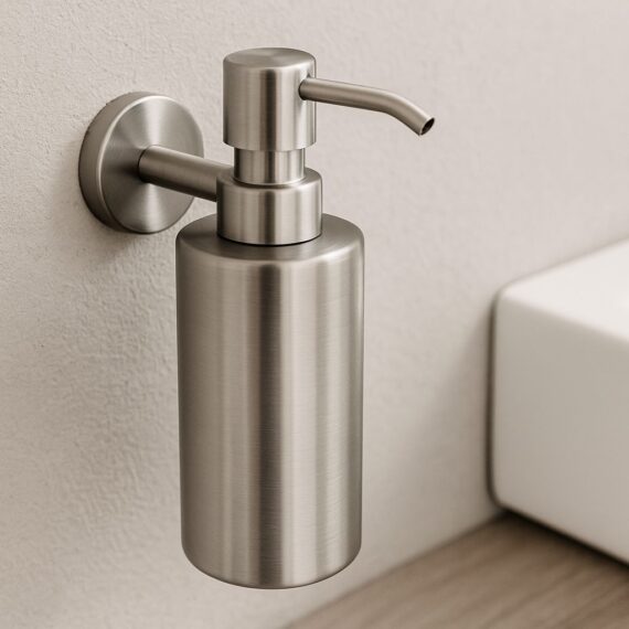 Een moderne, grijze badkamer met een ingebouwd zeeppompje boven een wastafel