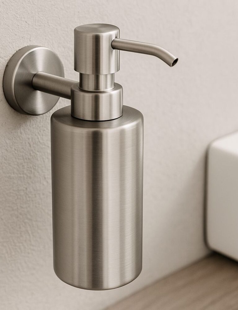 Een moderne, grijze badkamer met een ingebouwd zeeppompje boven een wastafel