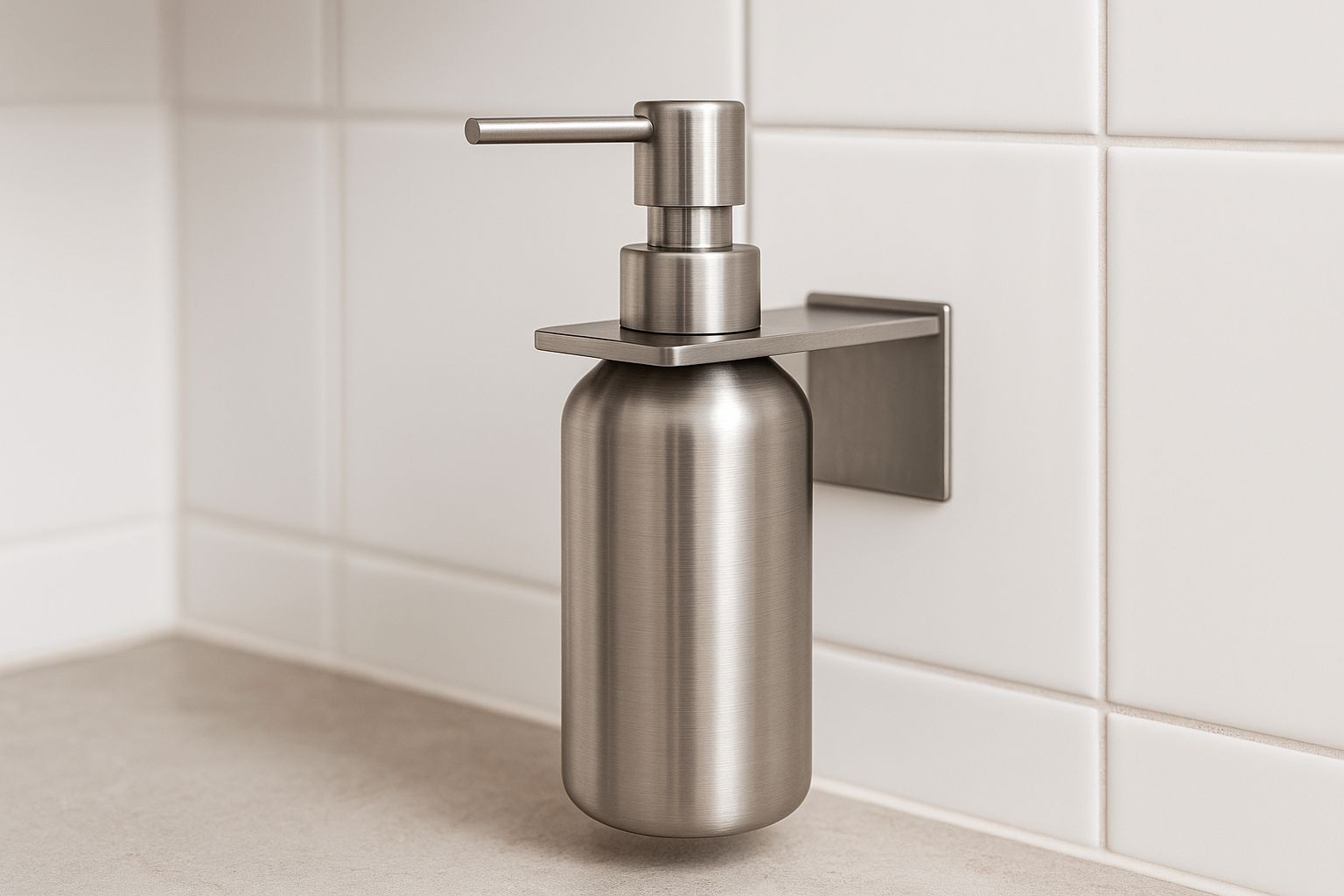 Een moderne, grijze keuken met een strak design zeeppompje bij de gootsteen