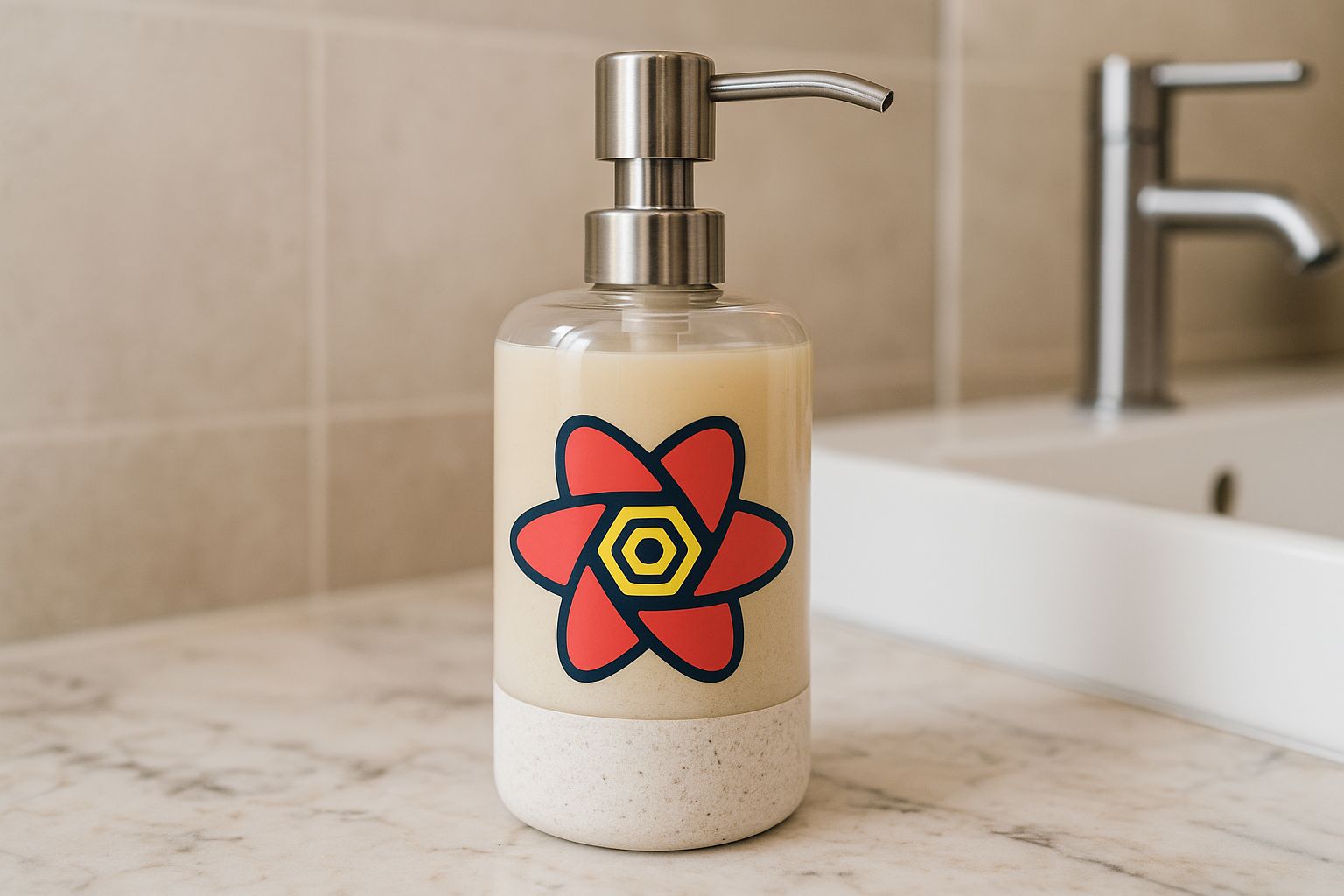 Een gouden zeepdispenser met een zwarte pomp en een label, geplaatst naast een kleine plant.