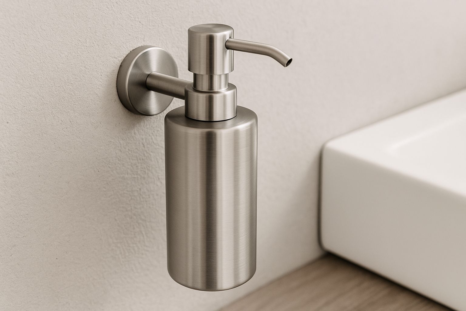 Een moderne, grijze badkamer met een ingebouwd zeeppompje boven een wastafel